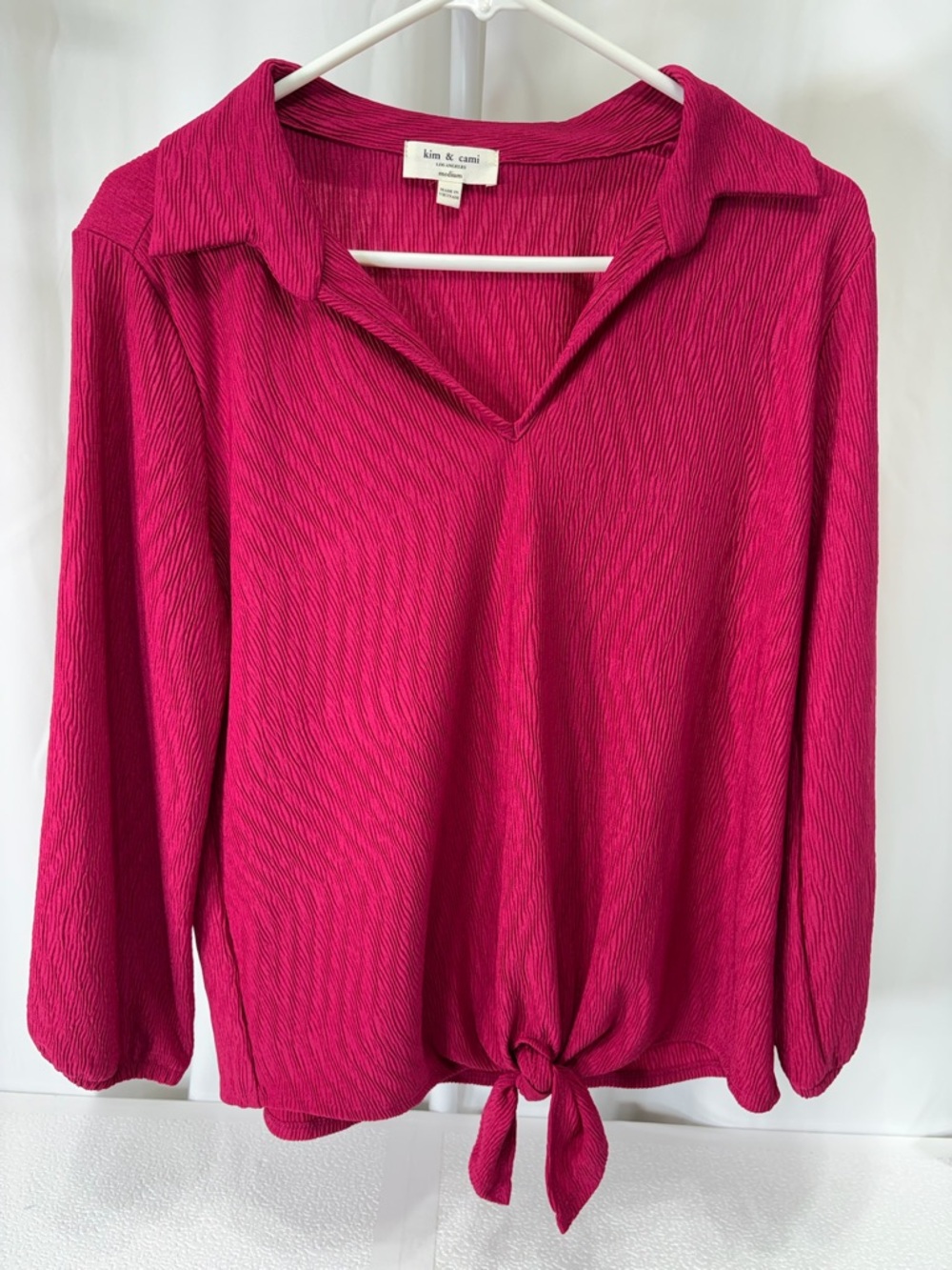 Kim & Cami Textured Tie-Hem Collared Blouse - Hot Pink 2987